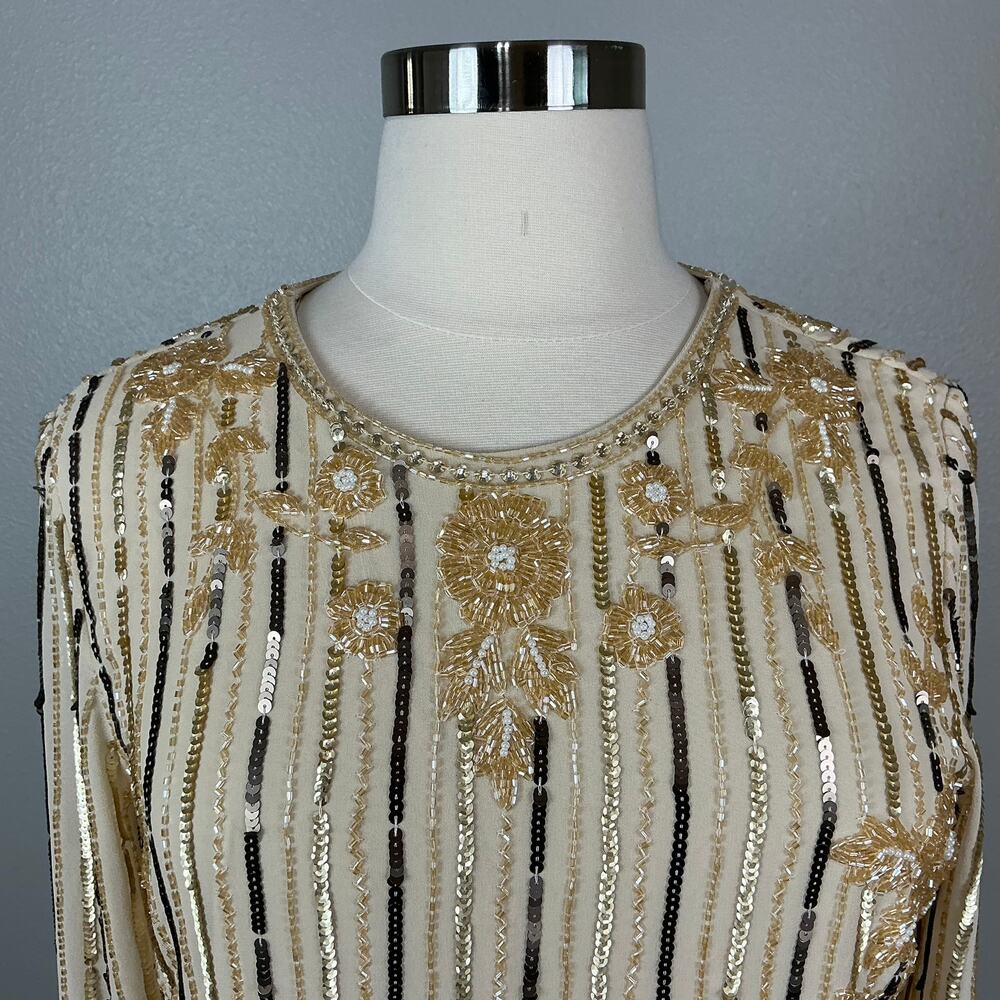 Mac Duggal 93627 Gold Evening Gown Sequined Long Sleeve High Low Dress Size 16 - Picture 8 of 12